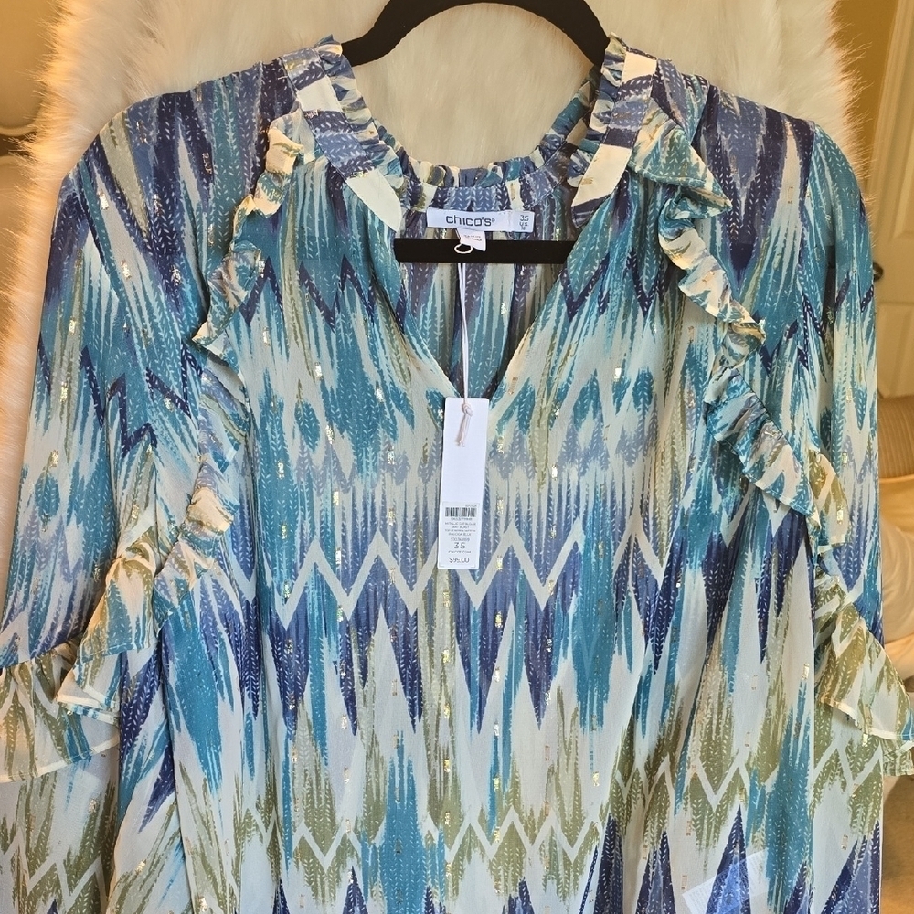 Chico's Blue Ruffled Long Sleeve Blouse